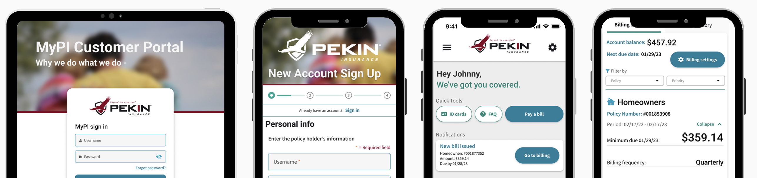 Screen captures of tablet and mobile applications for pekin insurance